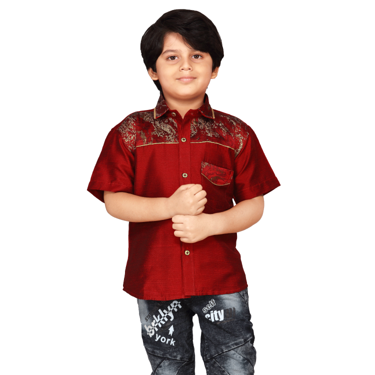 Boy Maroon Cotton Silk Embroidered Kurta Shirt Q1189A