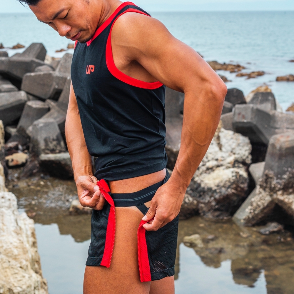 熱賣回歸 - Zip UP 拉鍊運動褲 墨亮黑/糖果紅