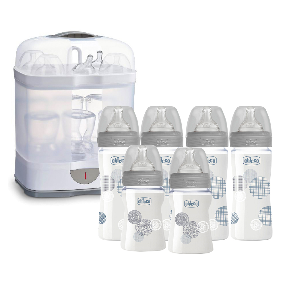 舒適哺乳-防脹氣玻璃奶瓶4大2小+2合1電子蒸氣消毒鍋-240ml+150ml-自然率性