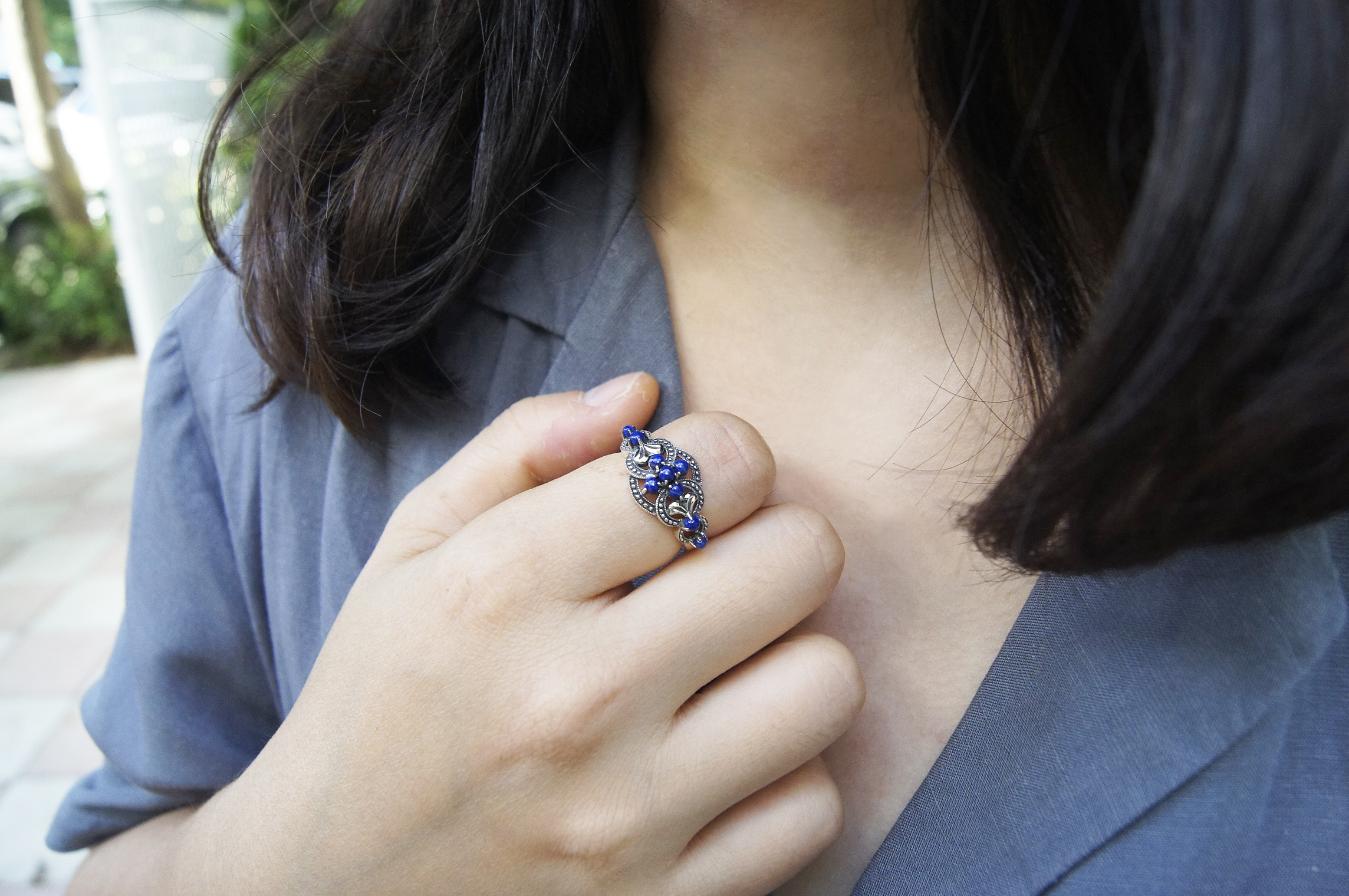 古典藍花青金石戒指