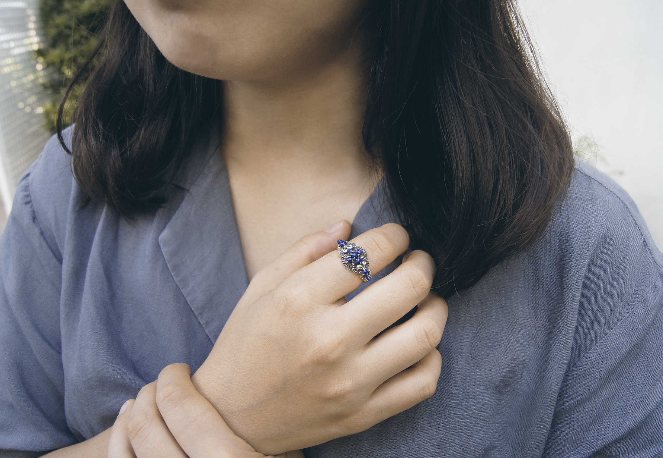 古典藍花青金石戒指