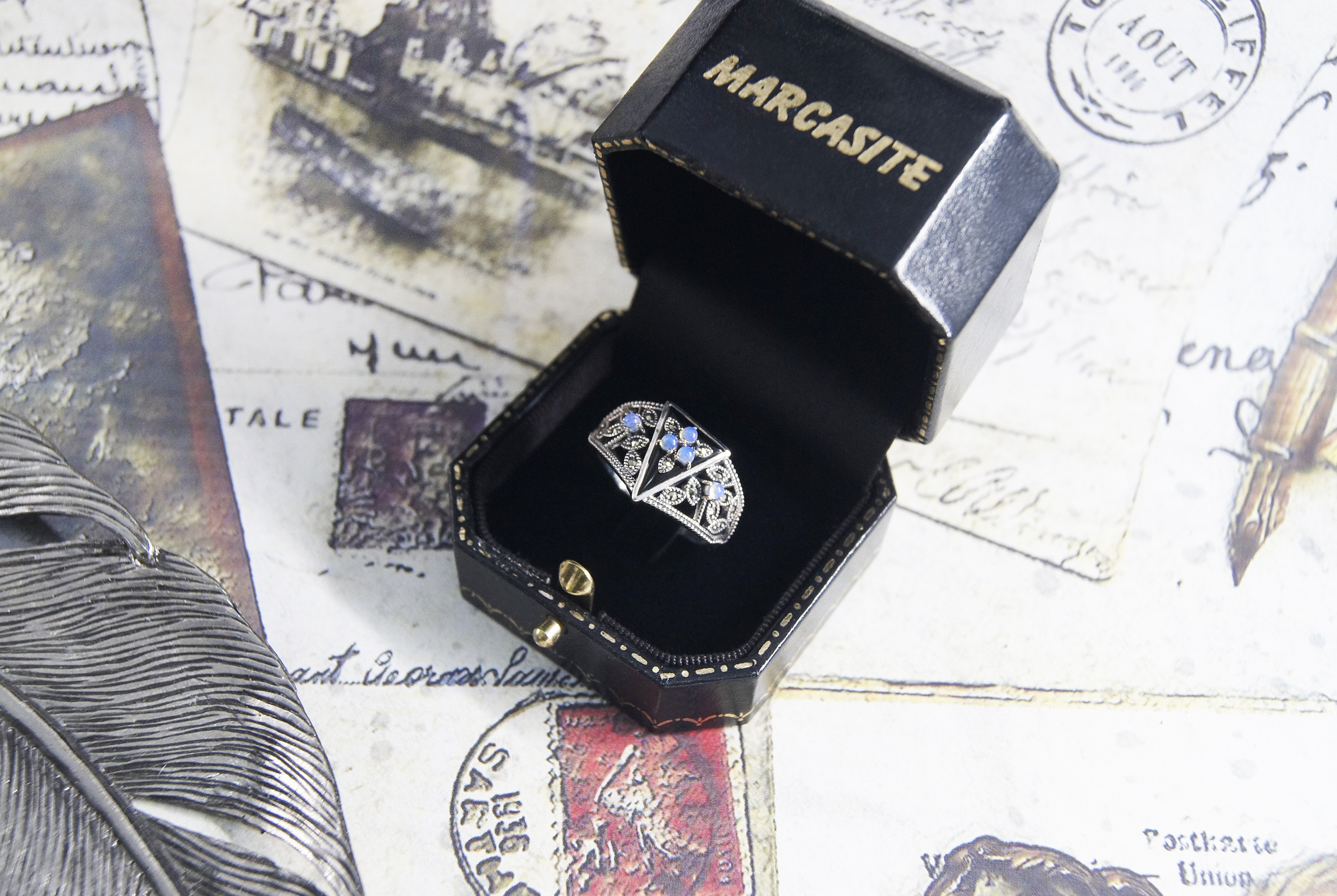 古典黑瑪瑙蛋白石戒指