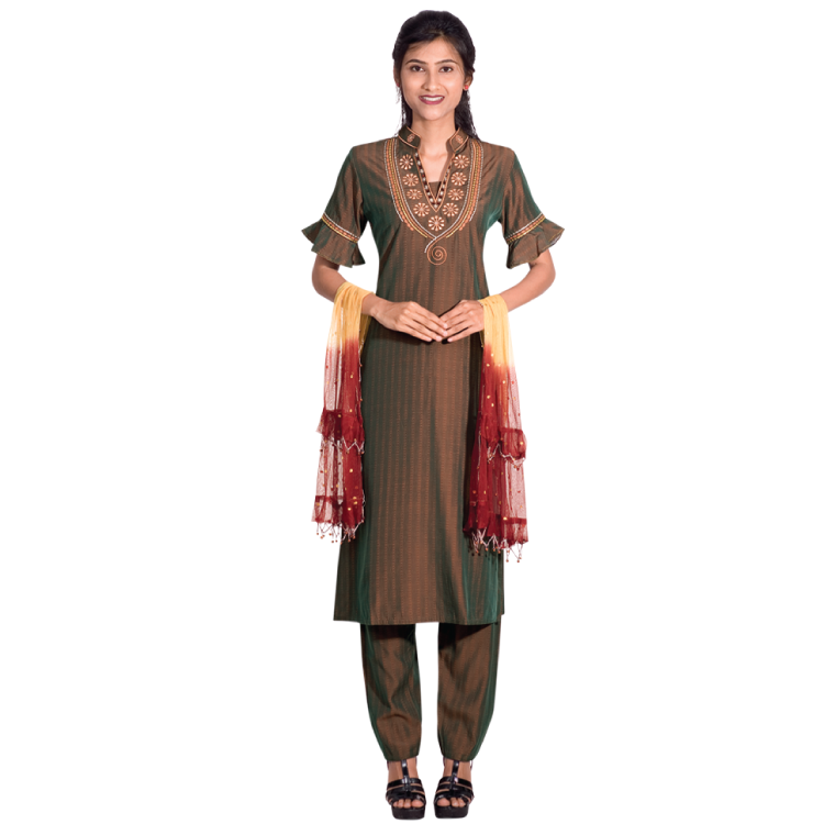 Women Brown Koshibo Embroidered on Neckline Ruffle Sleeves Punjabi Suit D8323