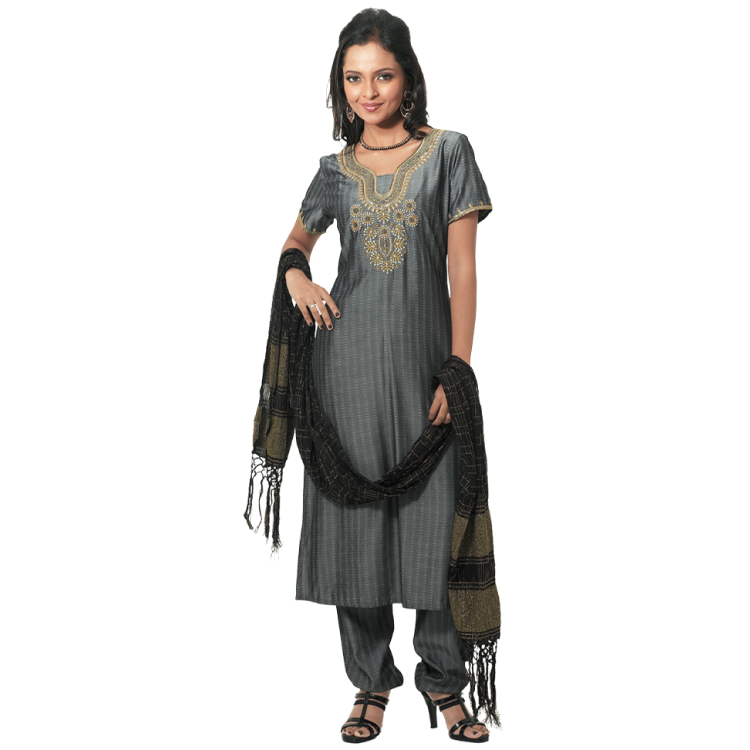 Women Grey Koshibo Embroidered on Neckline Punjabi Suit D8328
