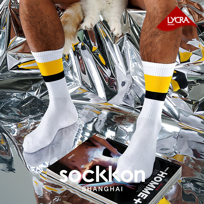 Sockkon黃黑寬條中長筒運動襪