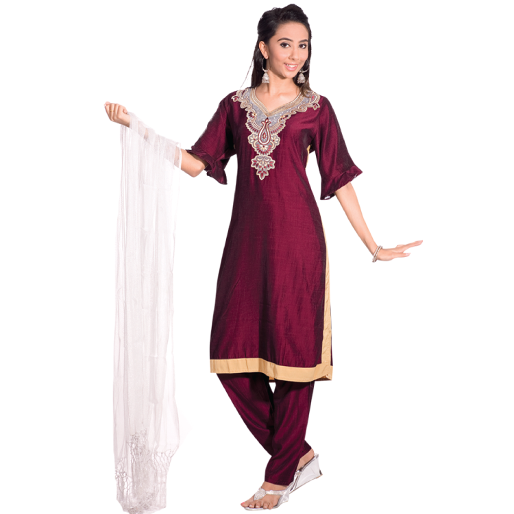 Women Dark Purple Koshibo Embroidered on Neckline Punjabi Suit D9622