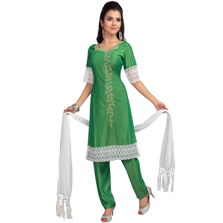 Women Green Koshibo Sleeves Lace Punjabi Suit D9276