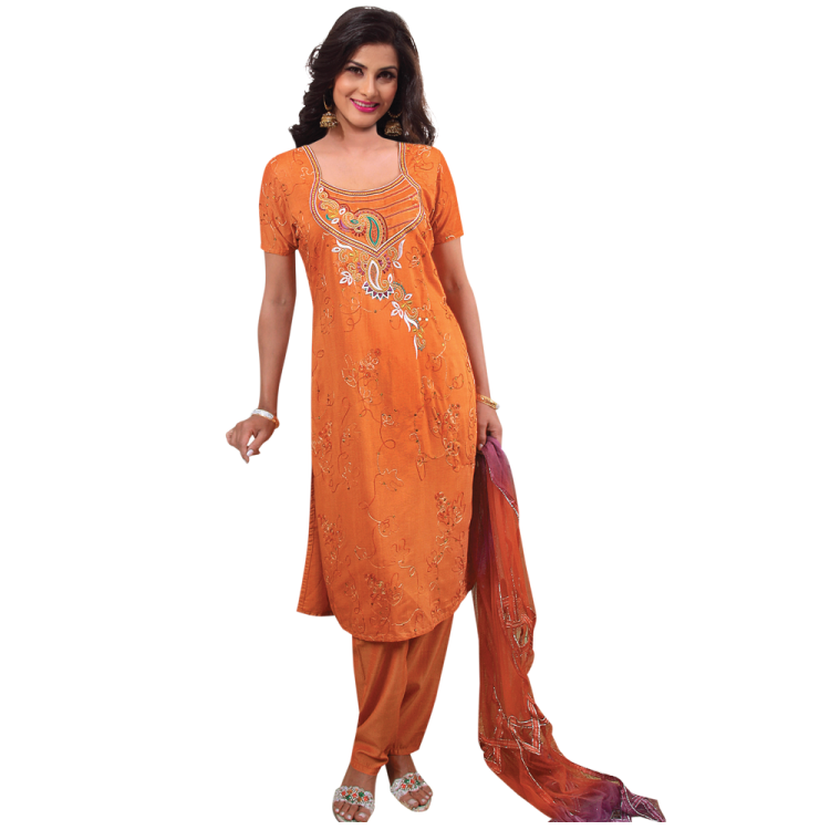Women Orange Koshibo Sequins Embroidered on Chest Punjabi Suit D9277
