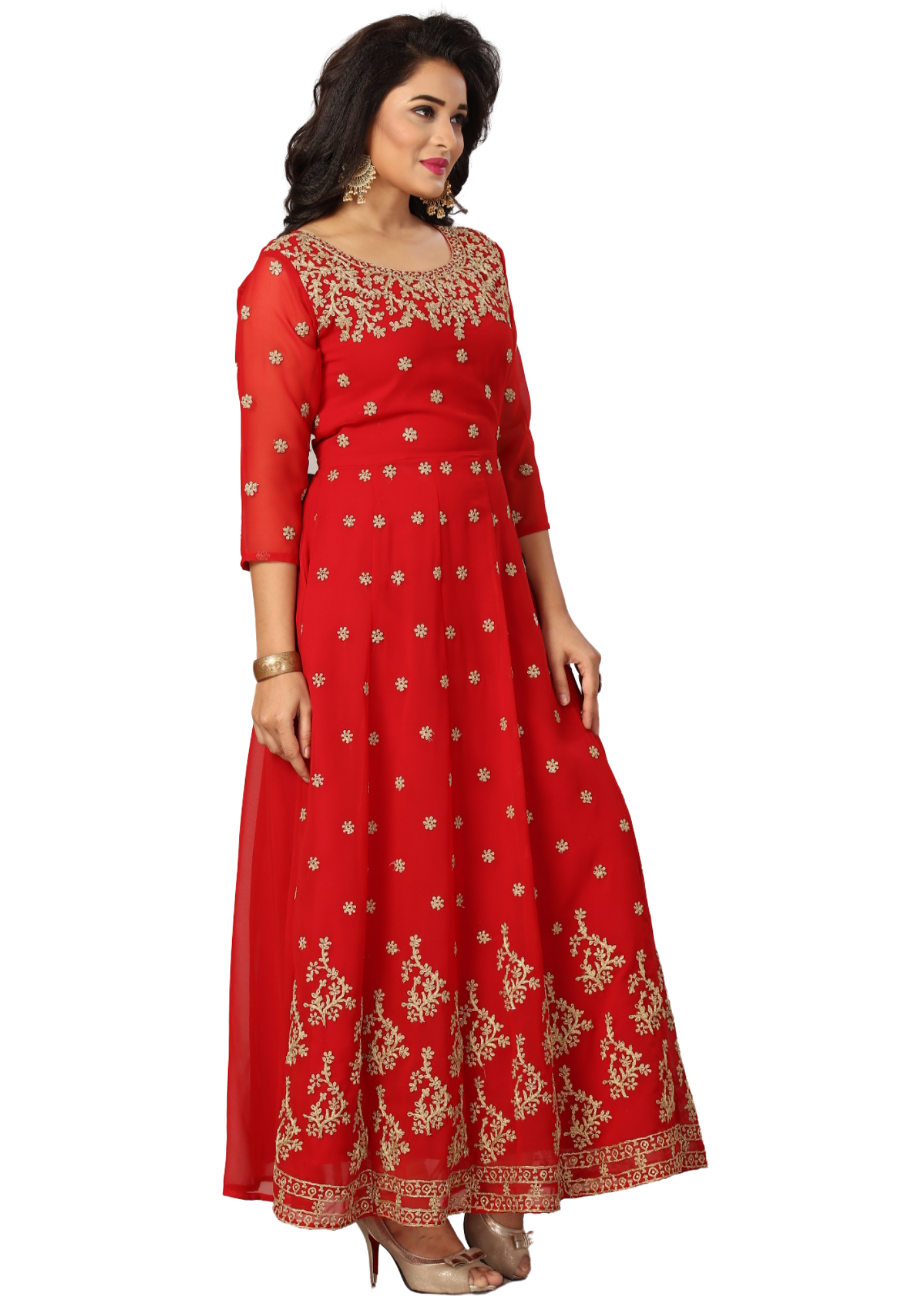 Women Red Georgette Embroidered Flair Kurti Maxi Gown Q