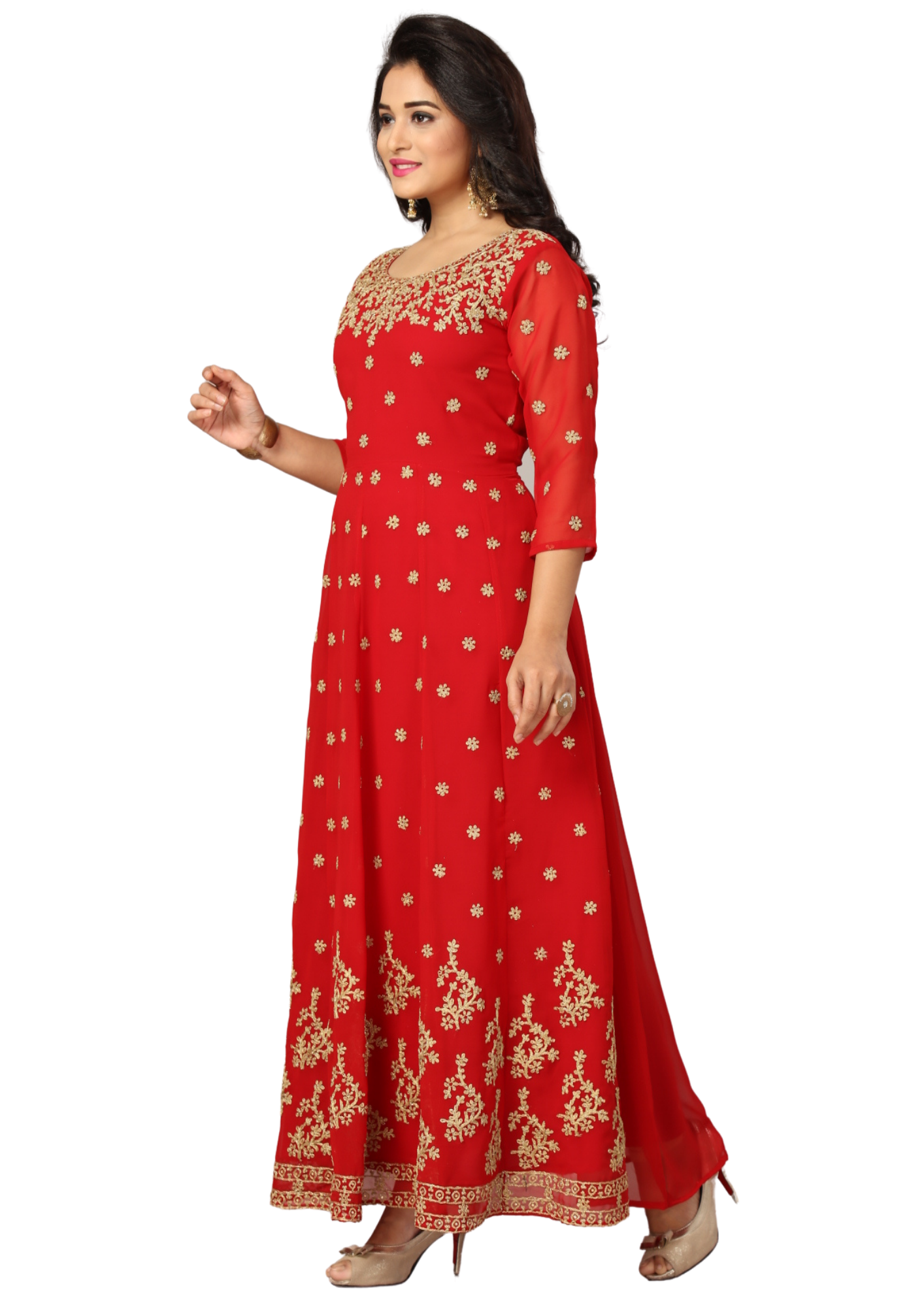 Women Red Georgette Embroidered Flair Kurti Maxi Gown Q1503