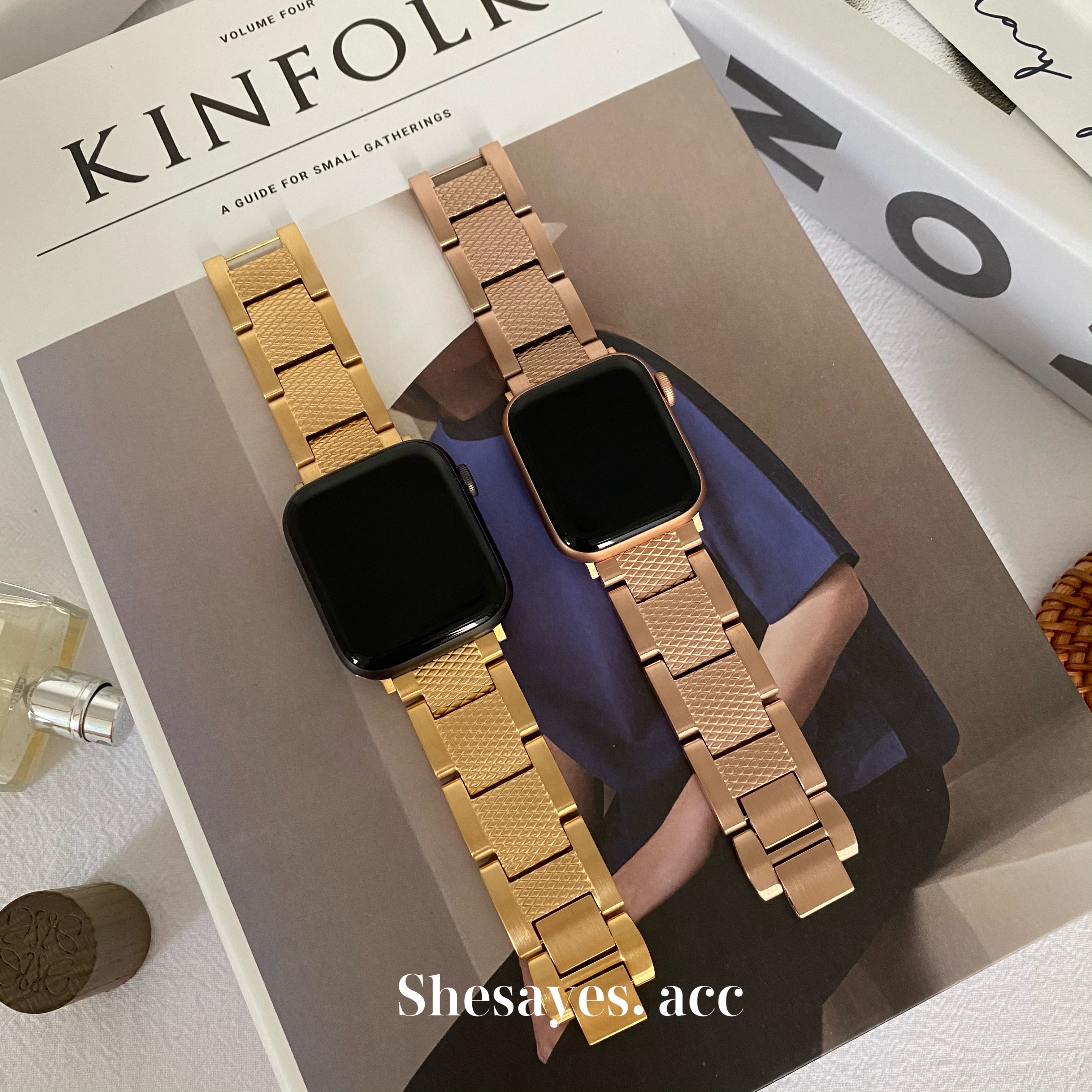 APPLE WATCH不鏽鋼格紋知性錶帶[金色/玫瑰金]