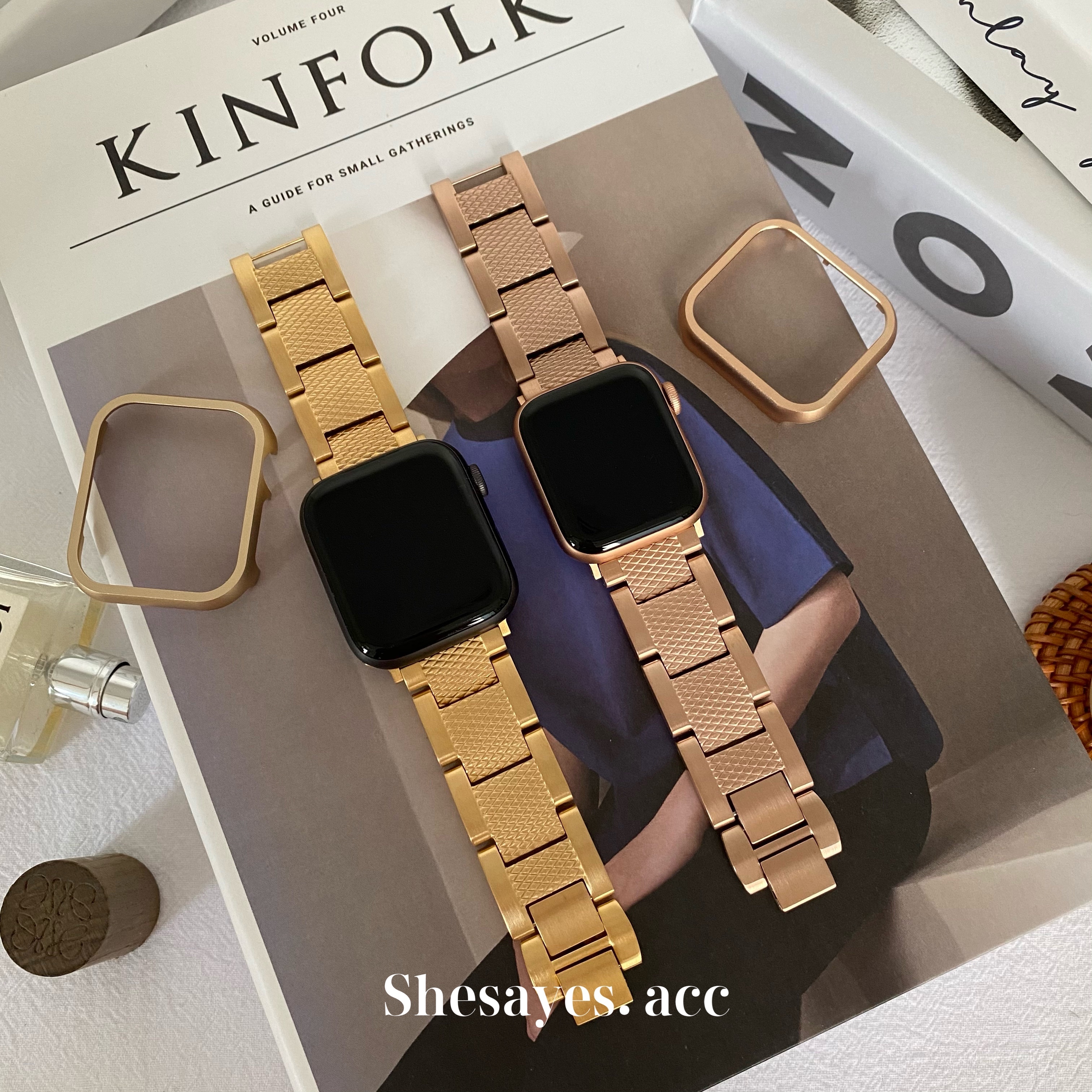 APPLE WATCH不鏽鋼格紋知性錶帶[金色/玫瑰金]