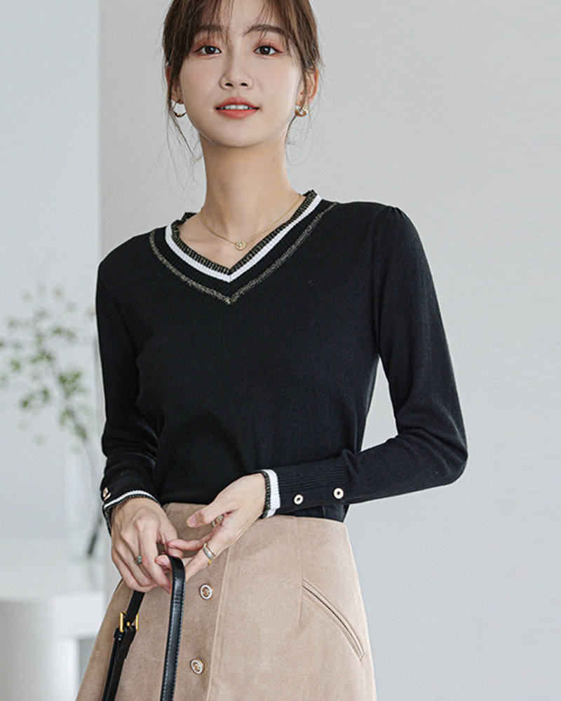 黑XL【零碼出清不退換】撞色V領袖釦針織上衣
