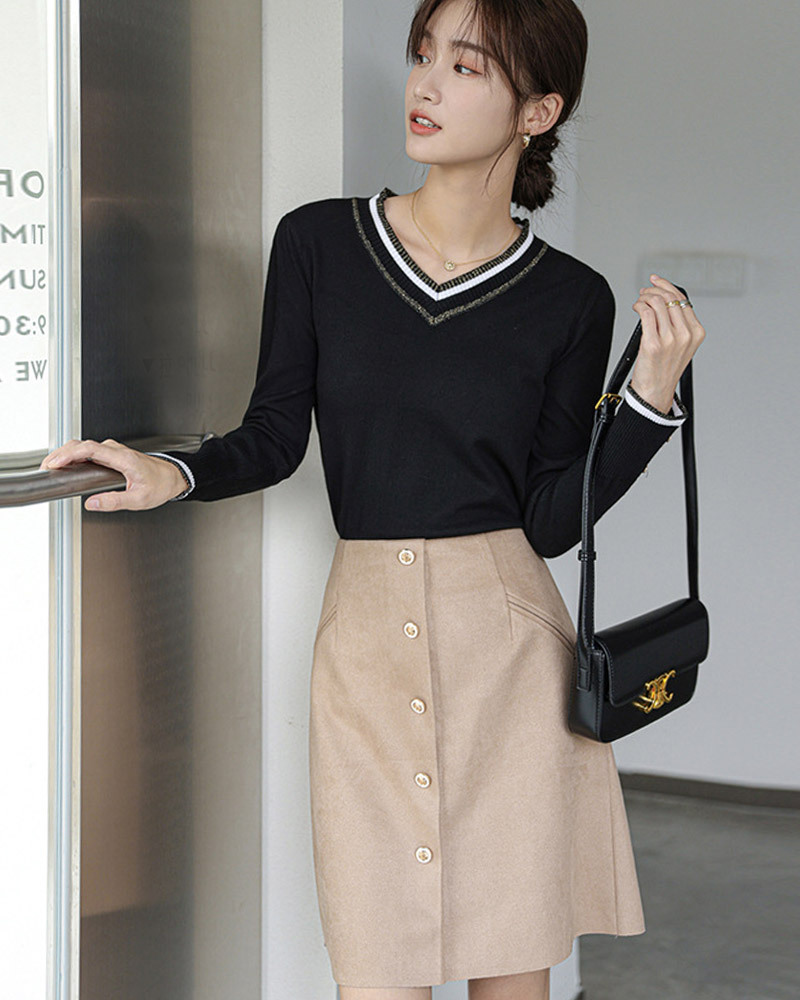 DEER.W 撞色V領袖釦針織上衣 黑色