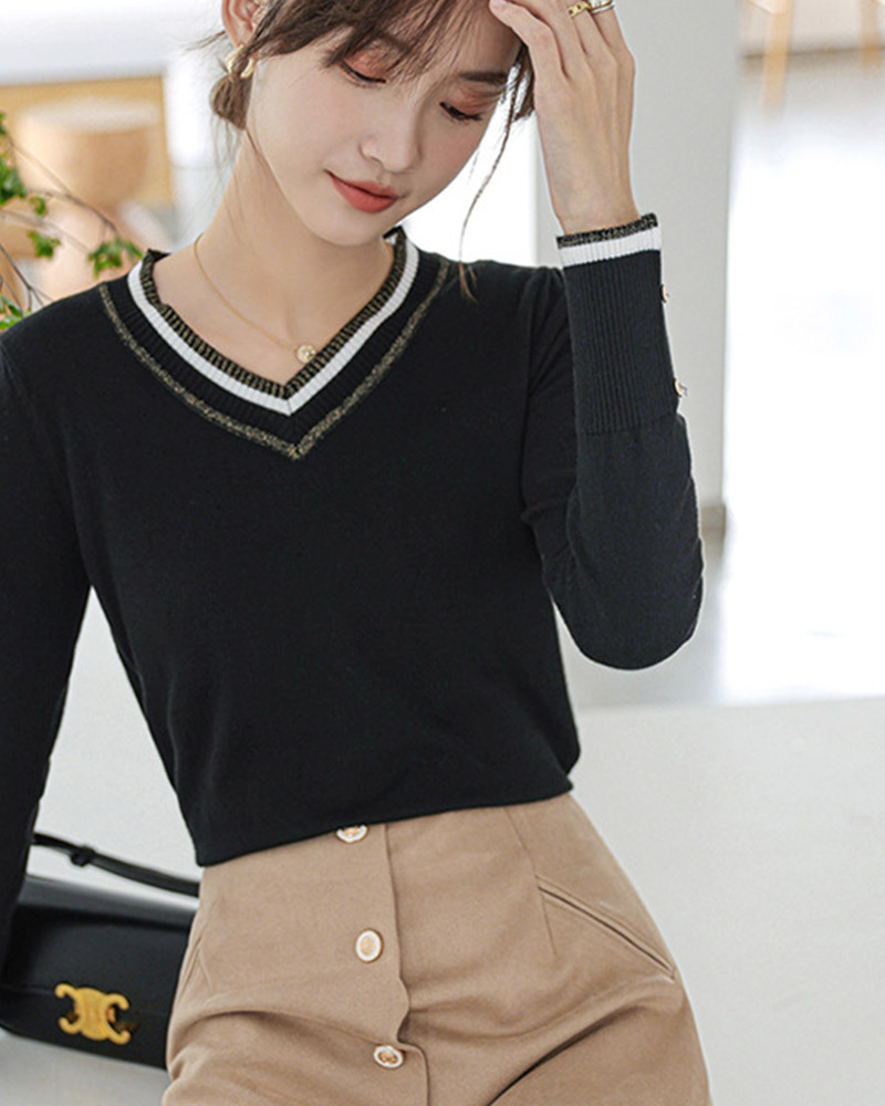 DEER.W 撞色V領袖釦針織上衣 黑色