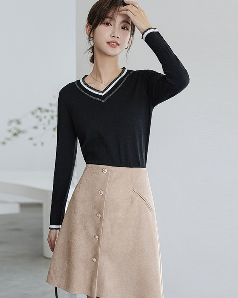 DEER.W 撞色V領袖釦針織上衣 黑色