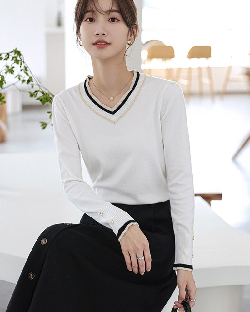 DEER.W 撞色V領袖釦針織上衣 白色