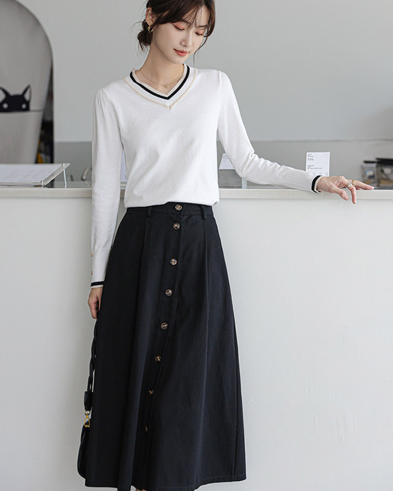 DEER.W 撞色V領袖釦針織上衣 白色