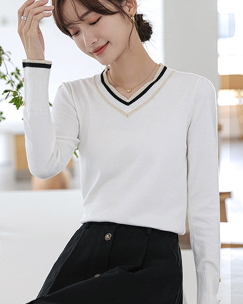 DEER.W 撞色V領袖釦針織上衣 白色