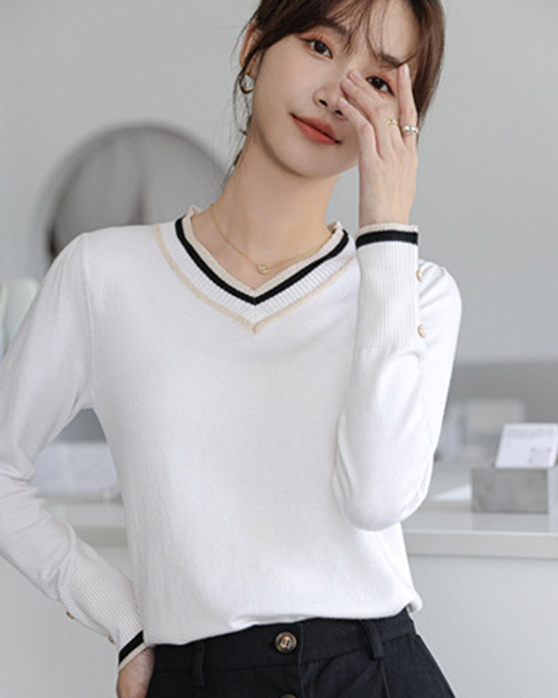 DEER.W 撞色V領袖釦針織上衣 白色