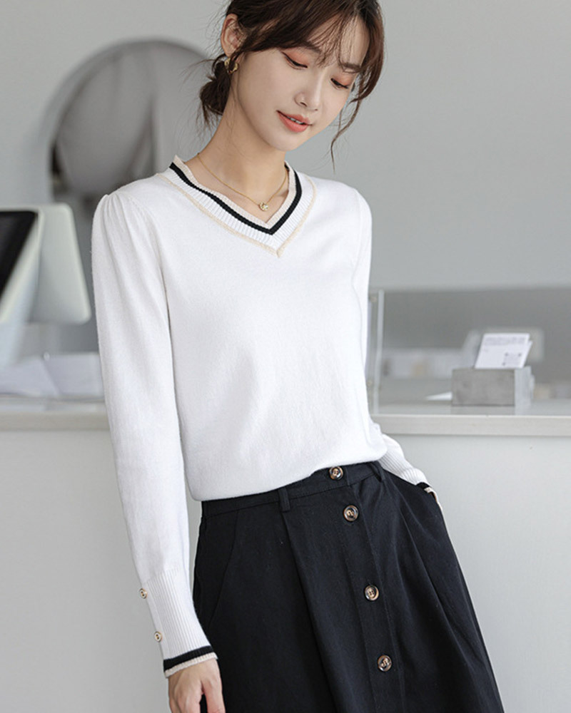 DEER.W 撞色V領袖釦針織上衣 白色