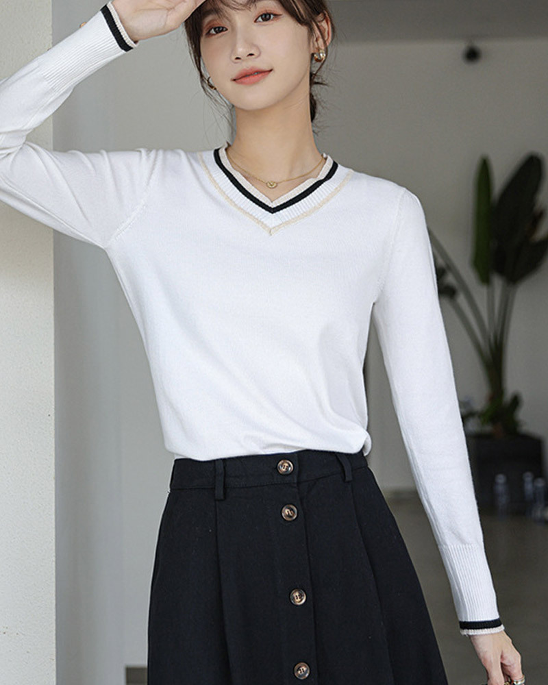 DEER.W 撞色V領袖釦針織上衣 白色