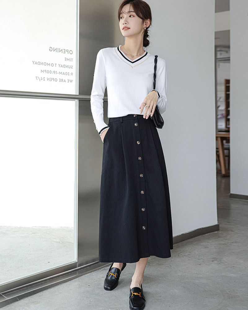 DEER.W 撞色V領袖釦針織上衣 白色