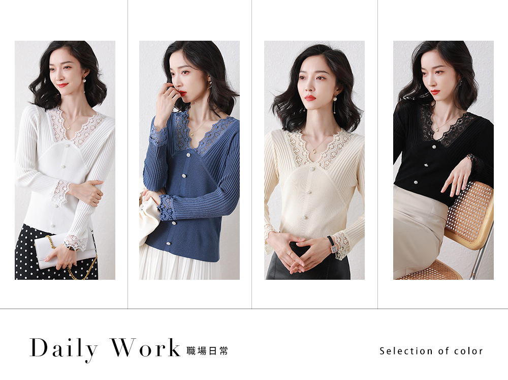 DEER.W 蕾絲拼接珠釦針織上衣