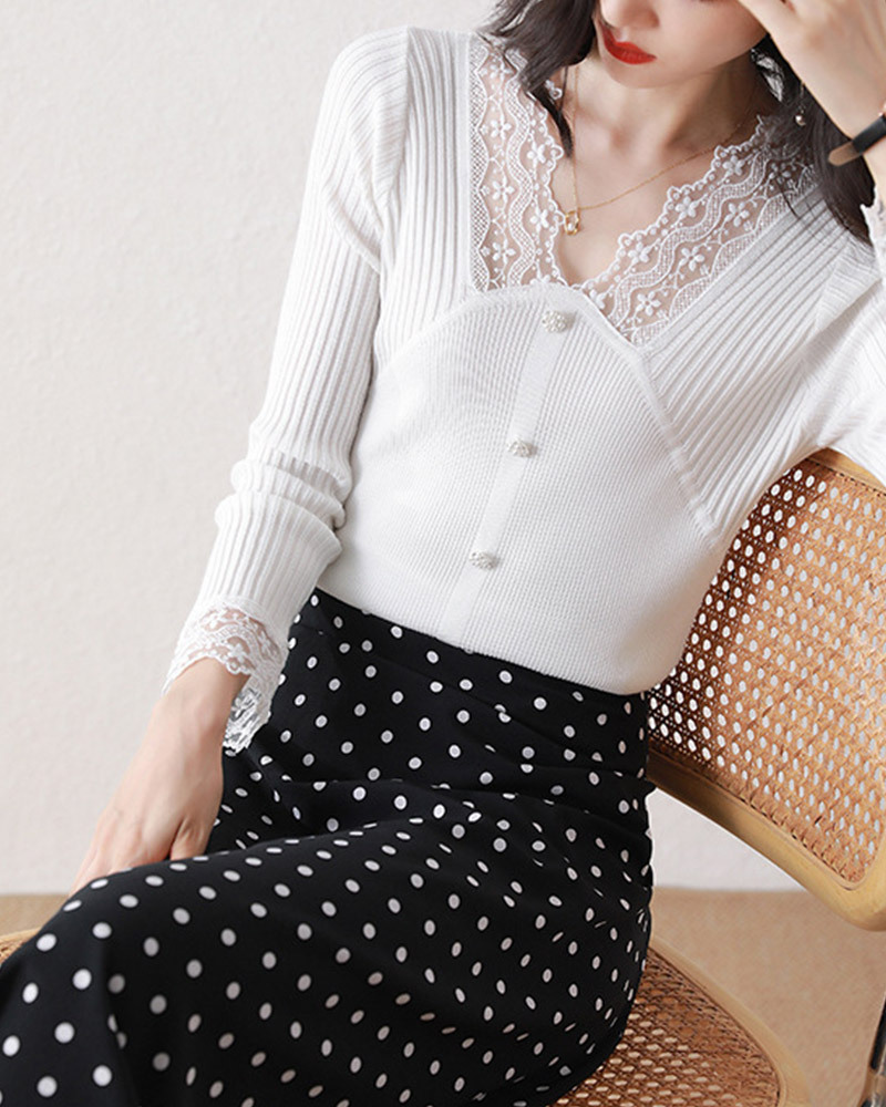 DEER.W 蕾絲拼接珠釦針織上衣 白色