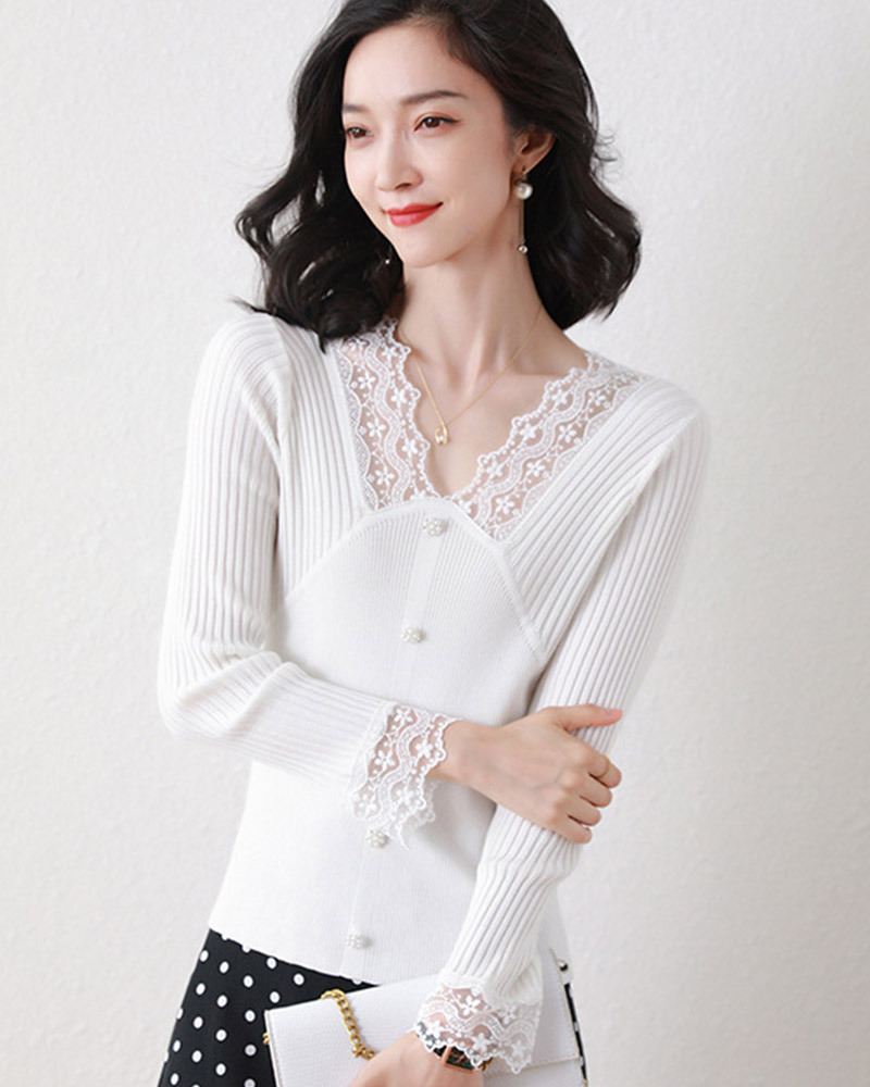 DEER.W 蕾絲拼接珠釦針織上衣 白色
