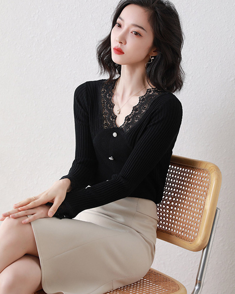DEER.W 蕾絲拼接珠釦針織上衣 黑色