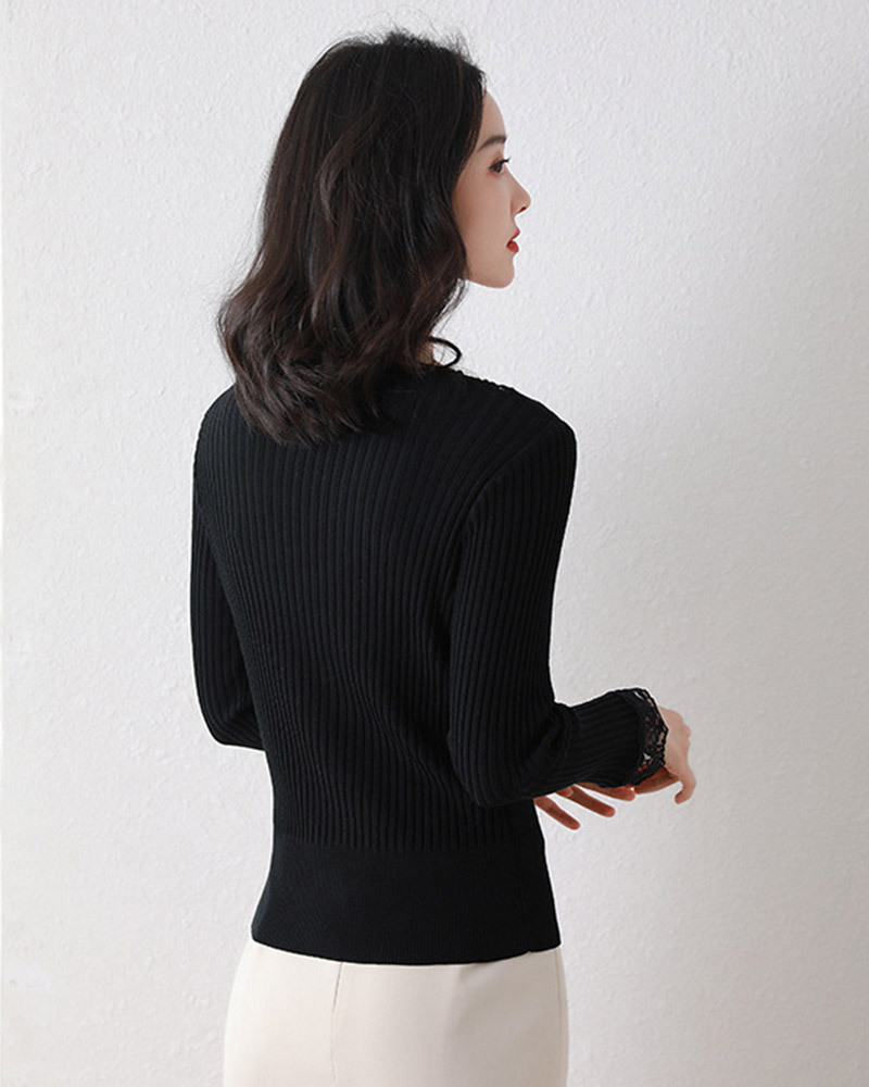 DEER.W 蕾絲拼接珠釦針織上衣 黑色