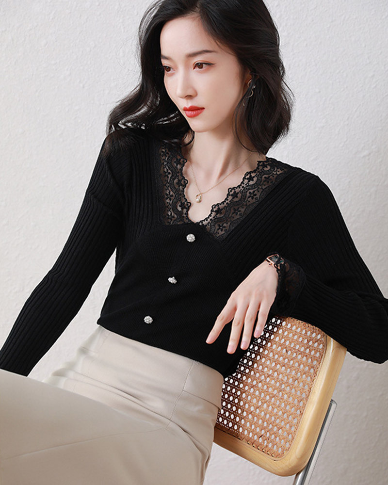 DEER.W 蕾絲拼接珠釦針織上衣 黑色