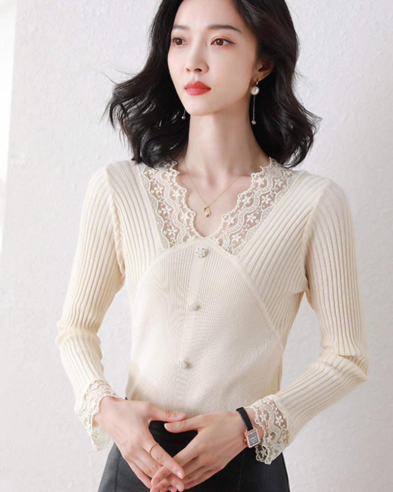 DEER.W 蕾絲拼接珠釦針織上衣 杏色