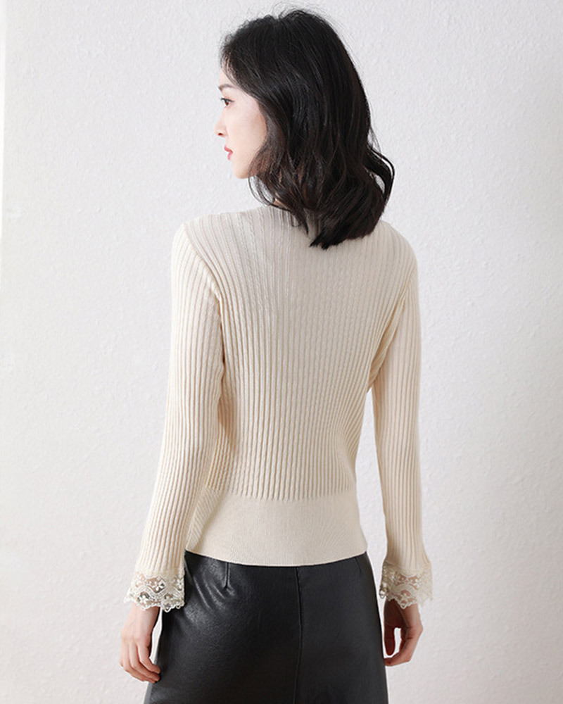 DEER.W 蕾絲拼接珠釦針織上衣 杏色