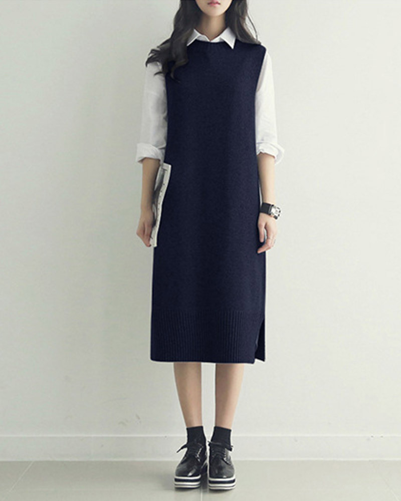 【零碼出清不退換】圓領開衩長版針織背心裙