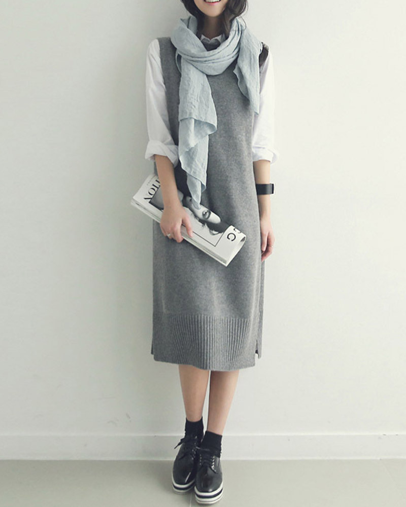 DEER.W 圓領開衩長版針織背心裙 灰色