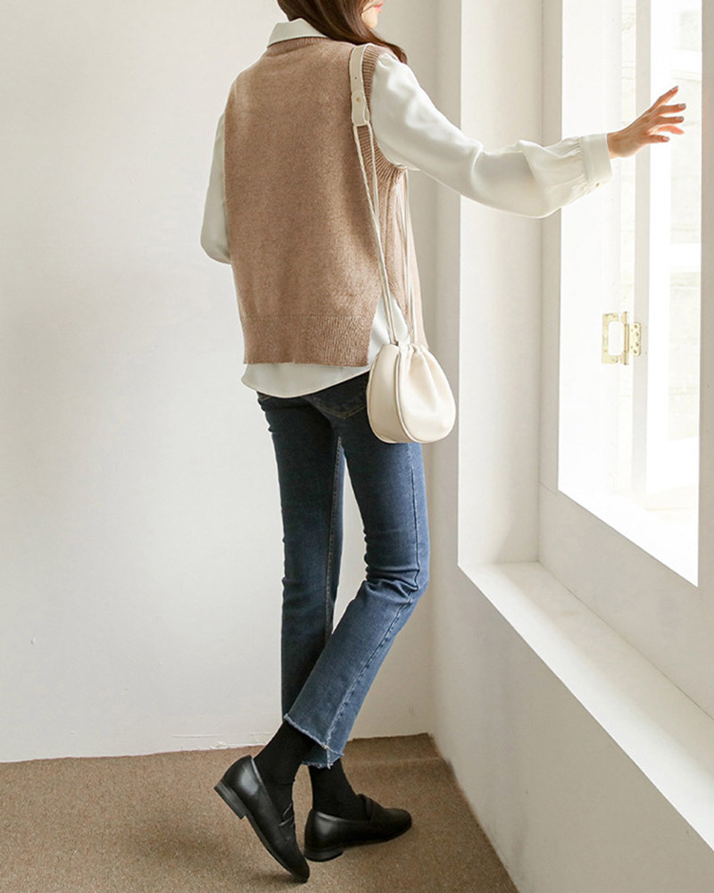 杏L【零碼出清不退換】圓領側開衩羅紋針織背心