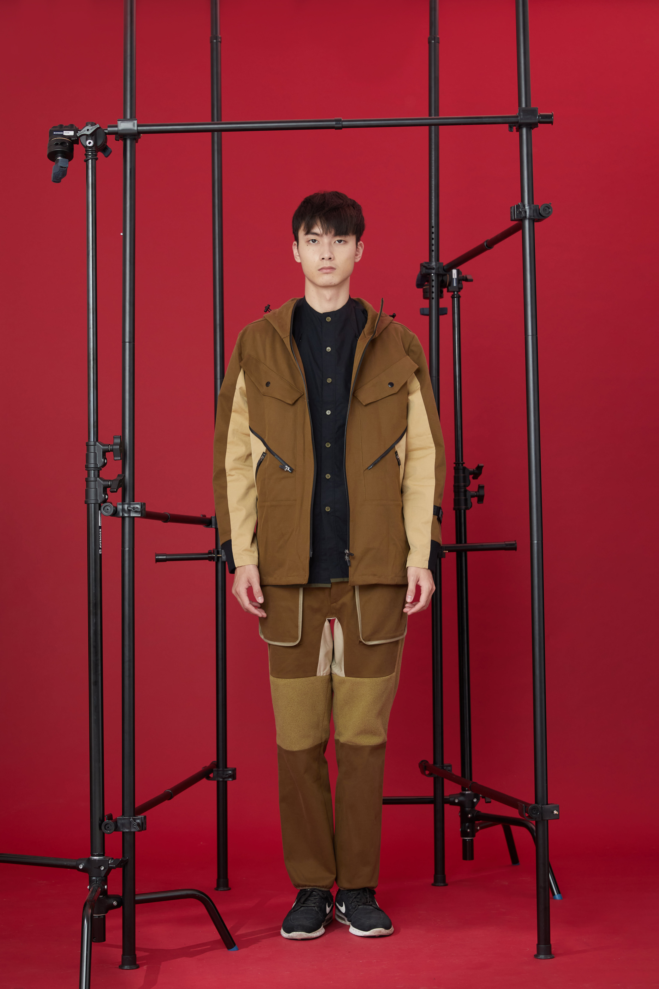 牡蠣絨立體袋剪接長褲 - 橄欖綠