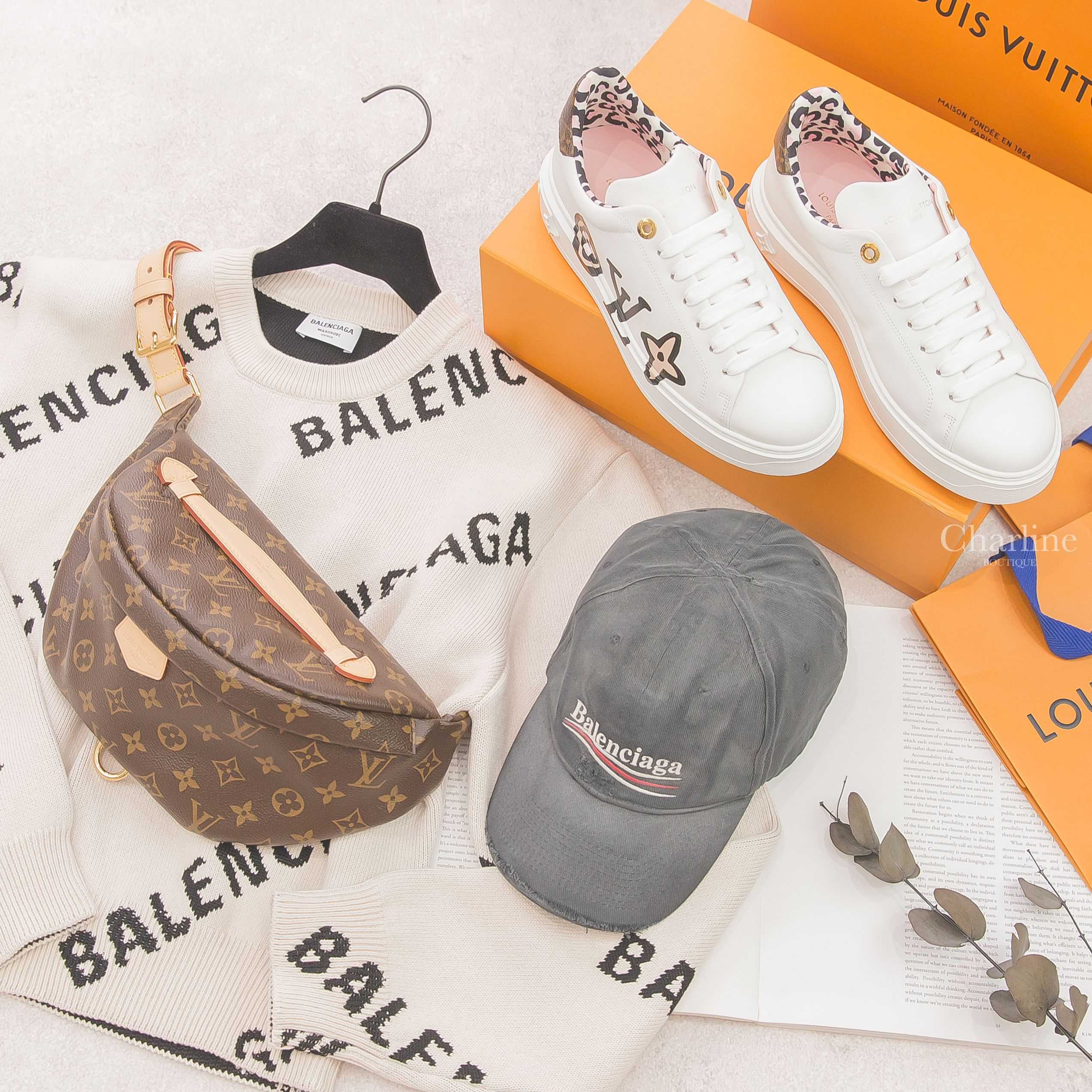 Balenciaga 白色滿版黑色Logo棉質混羊毛長袖毛衣,Balenciaga 黑灰色白字紅白曲線繡花刷破棉質棒球帽,LV 白色黑字LV咖啡色老花鞋尾拼粉色豹紋襯裡小牛皮運動鞋,LV 咖啡色手提腰包-Charline Boutique 精品代購