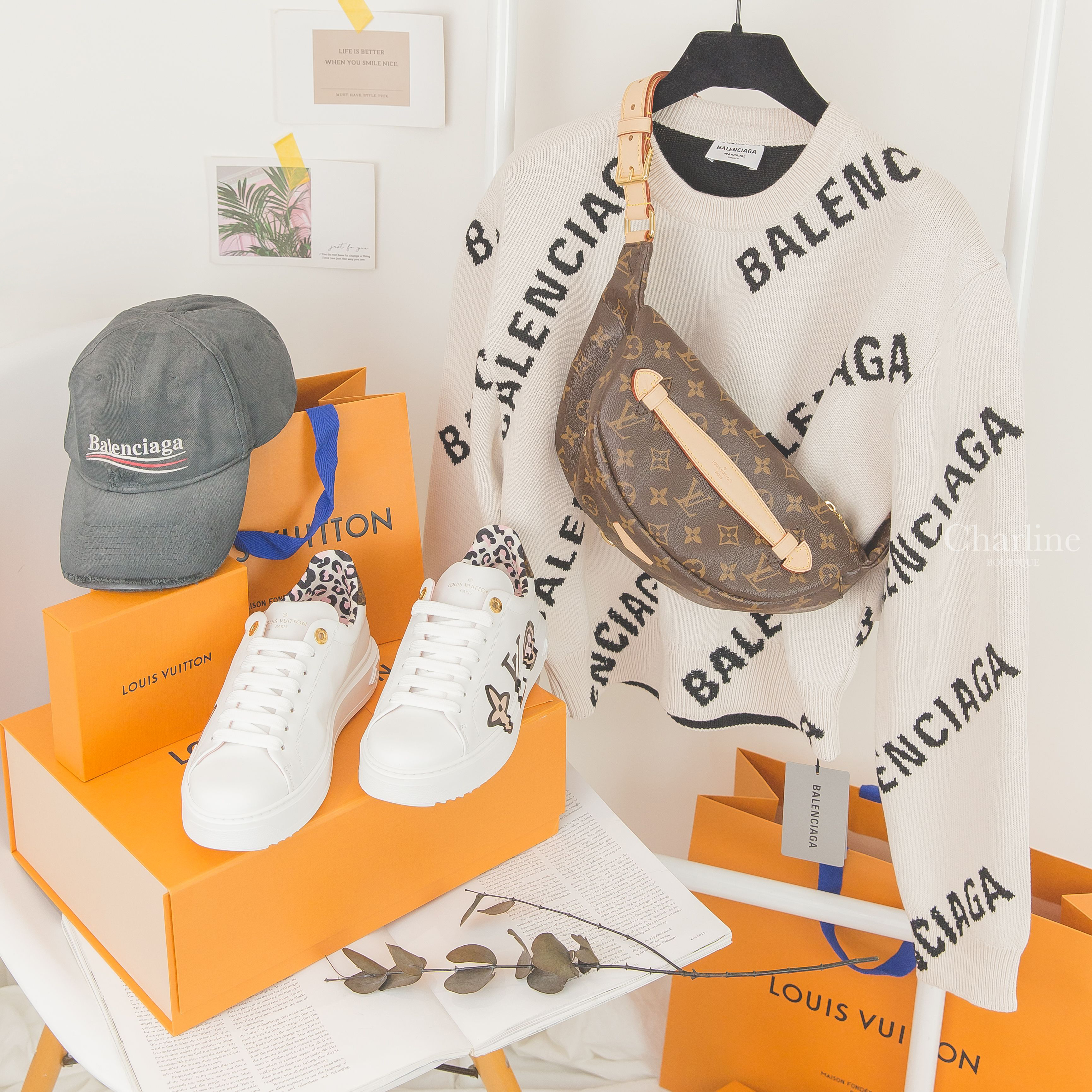 Balenciaga 白色滿版黑色Logo棉質混羊毛長袖毛衣,Balenciaga 黑灰色白字紅白曲線繡花刷破棉質棒球帽,LV 白色黑字LV咖啡色老花鞋尾拼粉色豹紋襯裡小牛皮運動鞋,LV 咖啡色手提腰包-Charline Boutique 精品代購