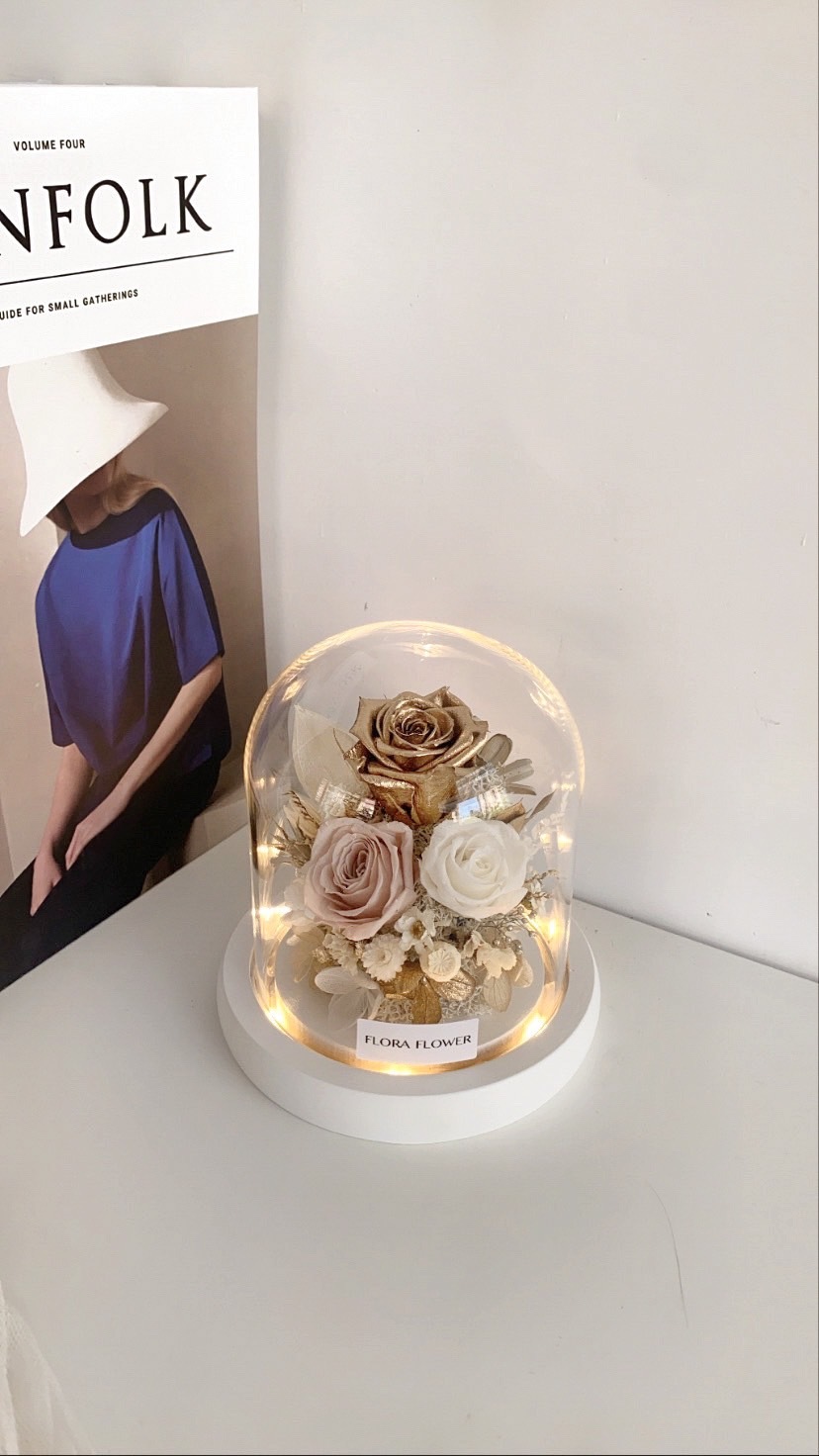 迷你款永生花夜燈-高雅白金