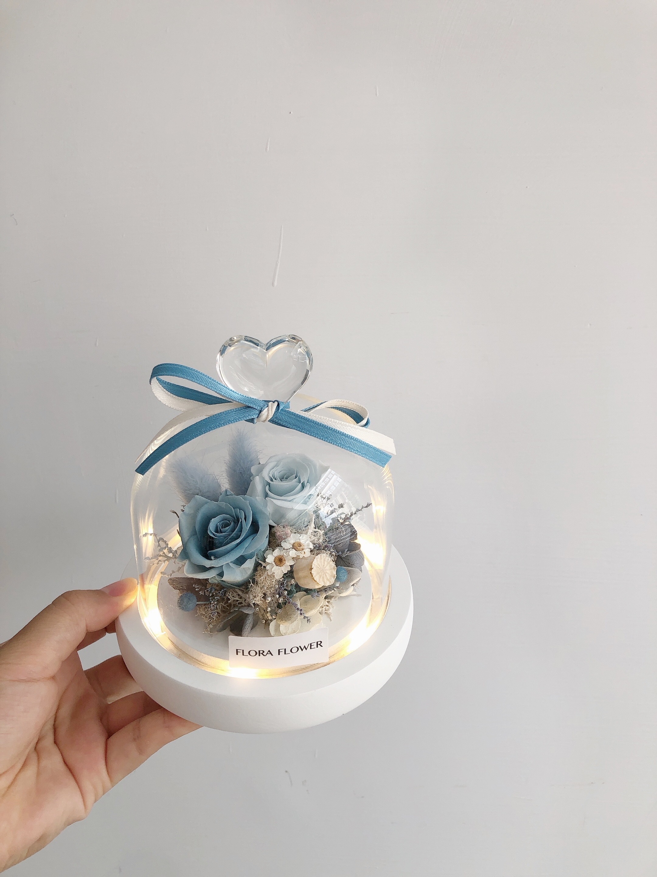 永生花愛心玻璃罩夜燈-水藍