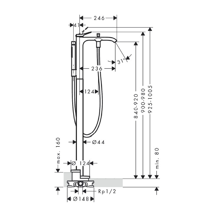 hansgrohe Vivenis 75445, -000 + 10452, -180 Freestanding bath mixer, with AirPower waterfall cascade flow