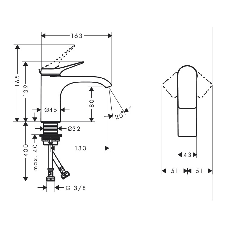 hansgrohe Vivenis 75014, -000 Single lever basin mixer 80 without waste set, with AirPower waterfall cascade flow