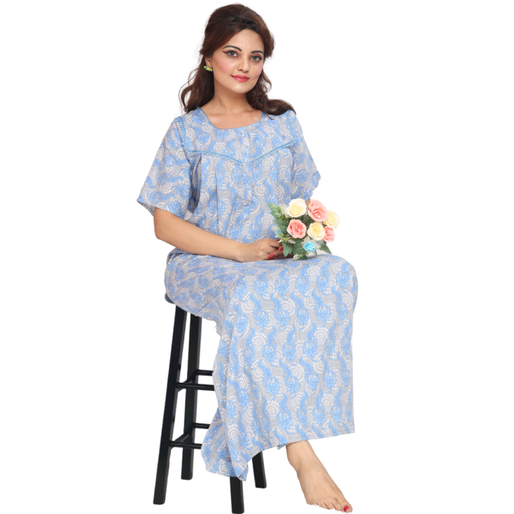 Women Blue Comfy Cotton Pleated Maxi Night Gown House Coat Q1482A