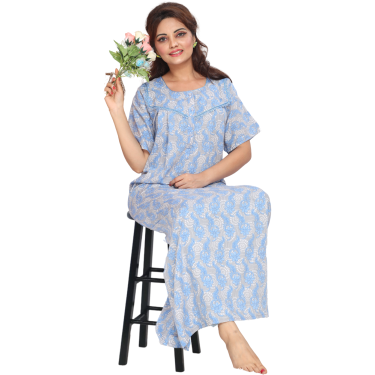 Women Blue Comfy Cotton Pleated Maxi Night Gown House Coat Q1482A