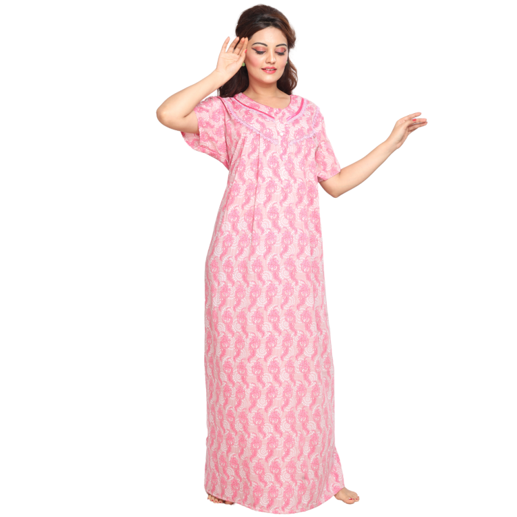 Women Pink Comfy Cotton Pleated Maxi Night Gown House Coat Q1483A