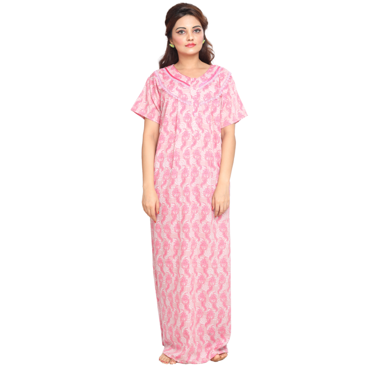 Women Pink Comfy Cotton Pleated Maxi Night Gown House Coat Q1483A