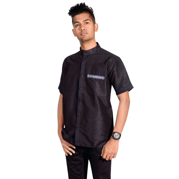 Men Black Cotton Silk Chest Pocket Short Sleeves Kurta Shirt Q0266